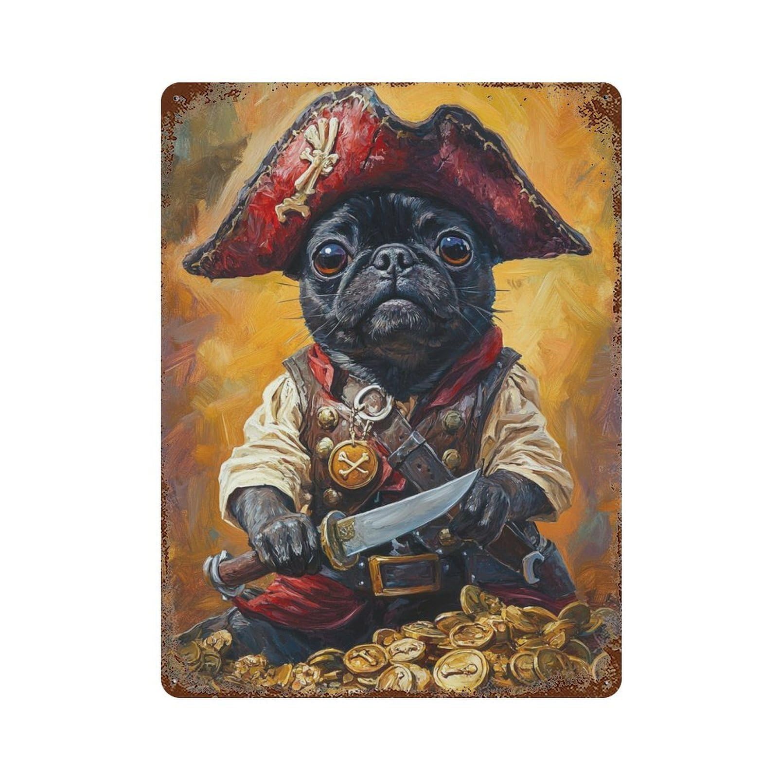 Pirate Pug with Treasure Retro Metal Sign 15.7"x11.8", Decorative Metal Wall Art for Garage, Bar And Workshop Decor