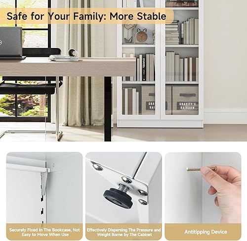 Vista 6 de IRONMIX Estantería moderna con puertas y estantes, estantería de metal de 70.87 pulgadas de alto, estantería alta, gabinete vitrina de 5 niveles