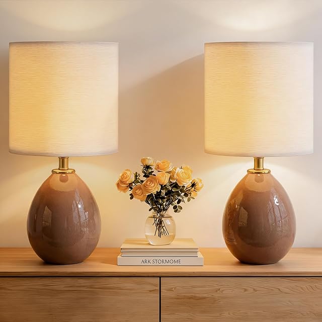Dawnwake Ensemble de lampes de table 2 pour chambre, Lampes de chevet pour stands de nuit Salon, Lampe de table de nuit de bureau, Lampe en céramique moderne en lin (café)