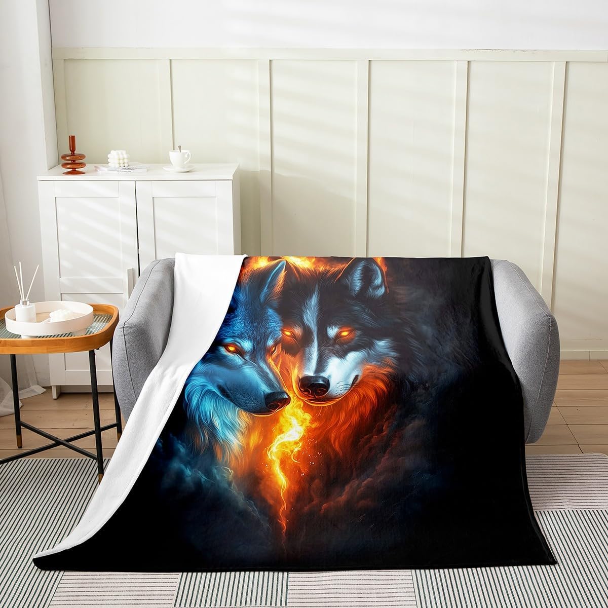 Phoenix Fleece Blanket,Fire and Water Chinese Tai Chi Yin Yang Style Bed Blanket for Kids Teens,Watercolor Ancient Animal Firebird Flannel Blanket for Room Decor,Queen 90"x90"