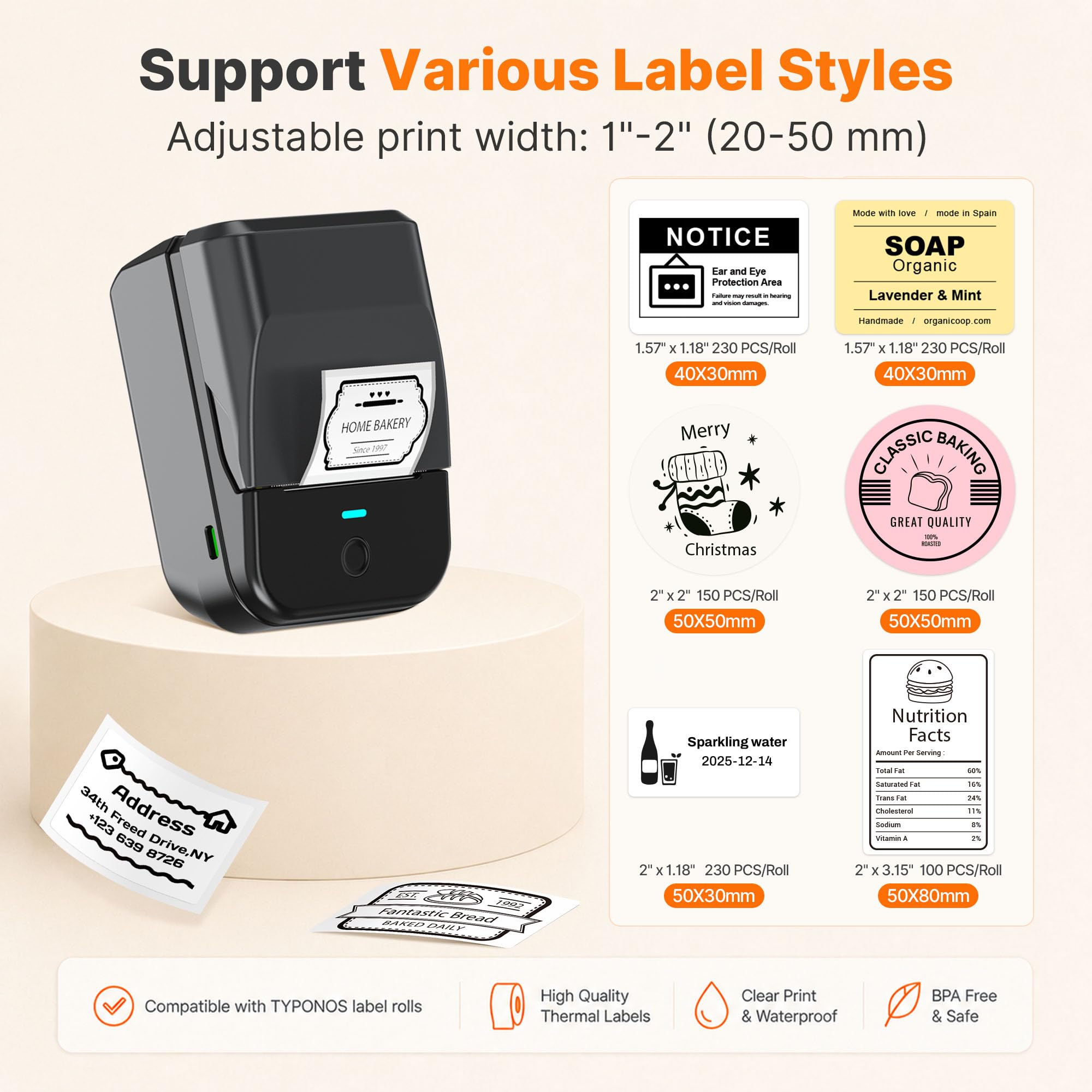 PM240 Etikettendrucker Bluetooth,2 Zoll Aufkleber Drucker,Wiederaufladbar Label Printer,Labeldrucker,Sticker Drucker,Etikettiergerät mit Mehreren Vorlagen für Geschäft Büro Schule Heim DIY