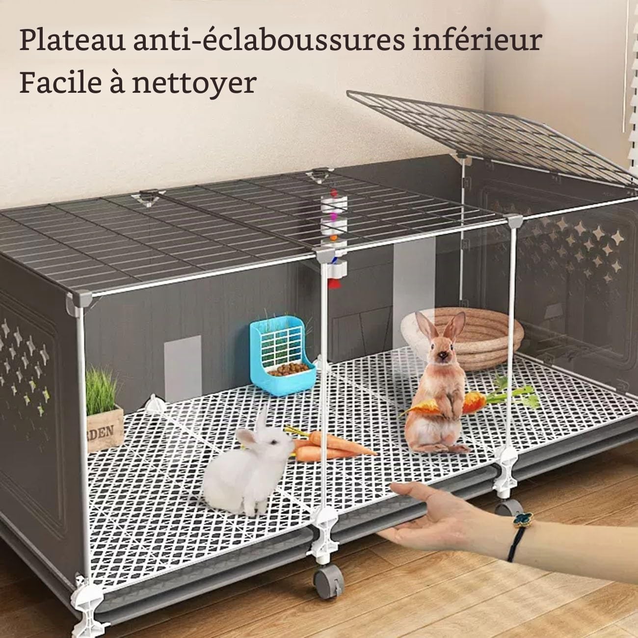 Enclos Lapin Interieur, Cage à Lapin, Enclos Cochon d'Inde, Façade Transparente, Maison pour Petits Animaux pour Lapin, Cochon d'Inde, avec Plateau Coulissant(Black,140cm)