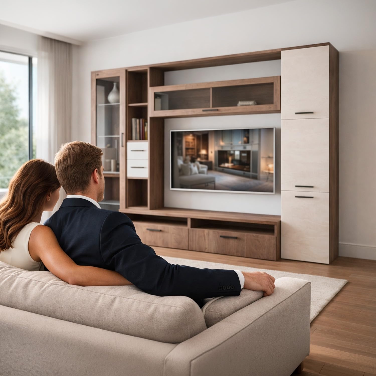 Arreditaly Parete Attrezzata Soggiorno Mobile Porta TV Con Vetrina E Cassetti Design Moderno Industrial Chic Con Ampio Vano TV Per Salotto Zona Living 270 x 213 x 50 Cm (Noce Spatolato)