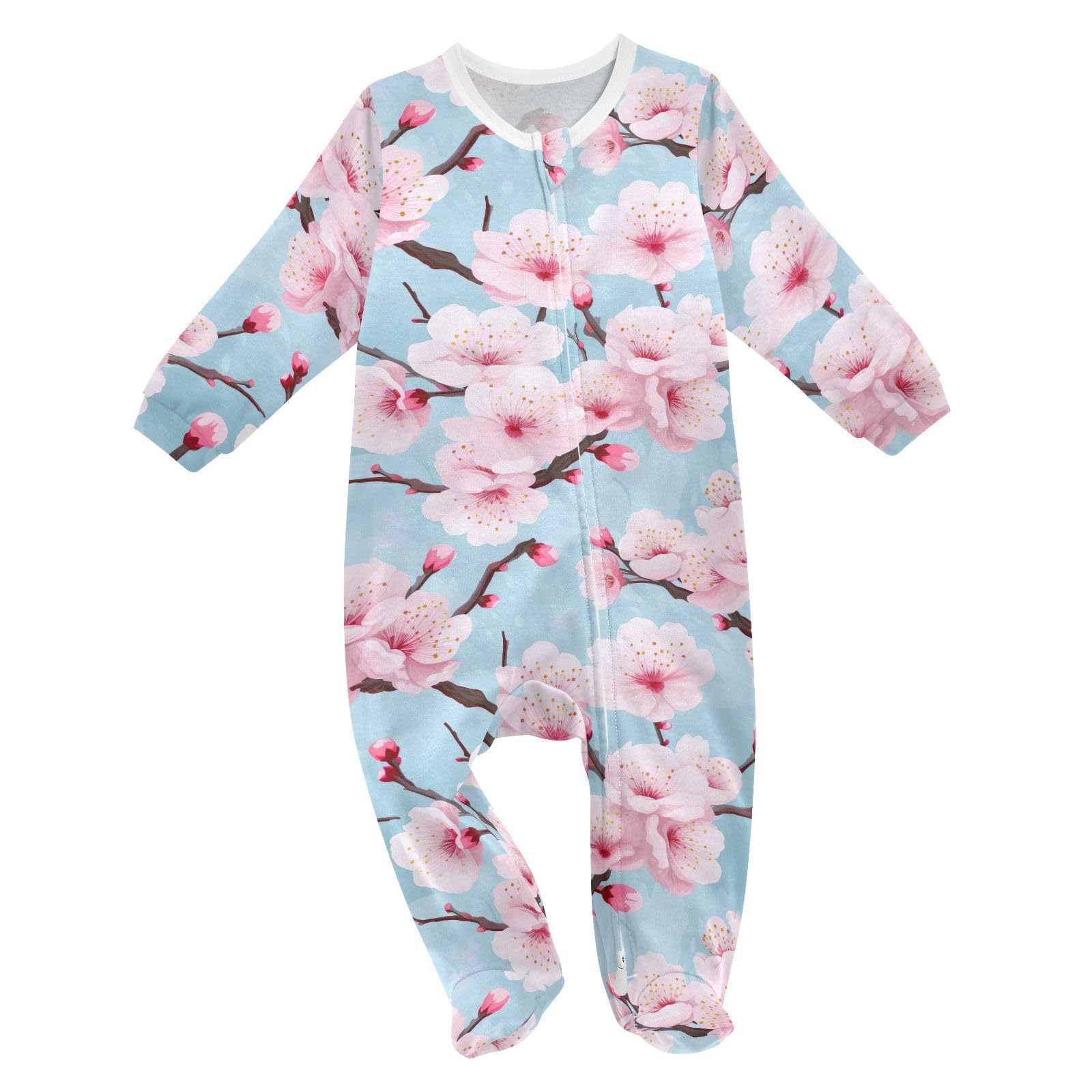 J JOYSAY Blue Cherry Blossom Flowers Baby One-Piece Footies Cotton Baby Girl Sleepers Sleepers for Sleep Play Girl 18M