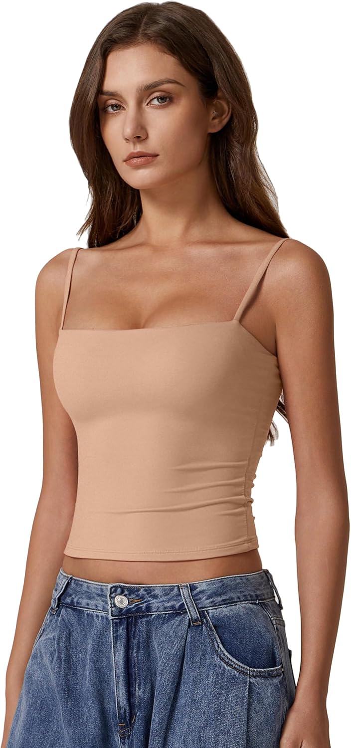 QINSEN Women's Double Lined Basic Tank Top Adjustable Spaghetti Straps Sleeveless Camisole Shirts - Image 3