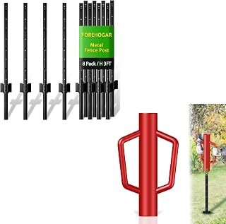 Metal Fence Post 3 Feet Black, Pack of 8 Bundle Post Driver Red 12LB