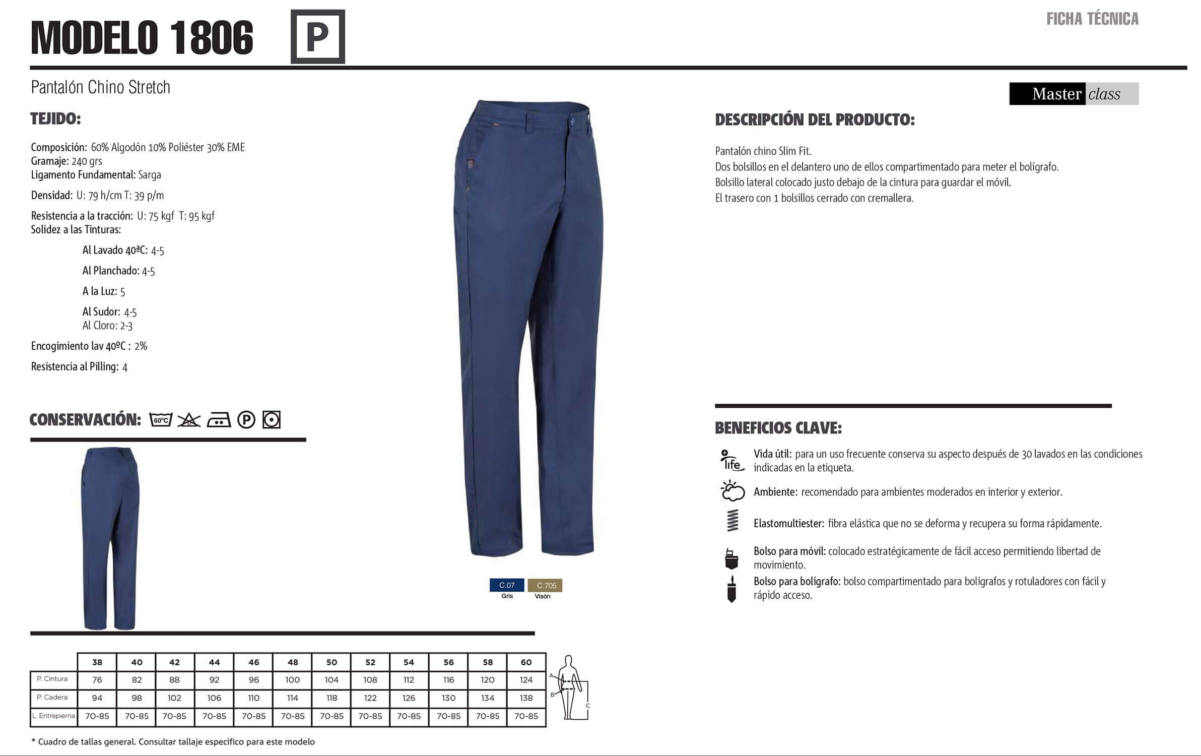Pantalón De Trabajo Largo Chino de Hombre Profesional/Comercial. Ref: 1806