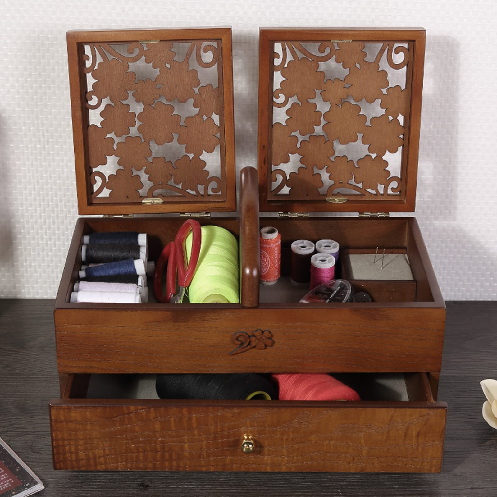 Sewing Online Boîte Rangement Couture Bois - 45x23.5x28cm, 3 Niveaux, Motif Rose