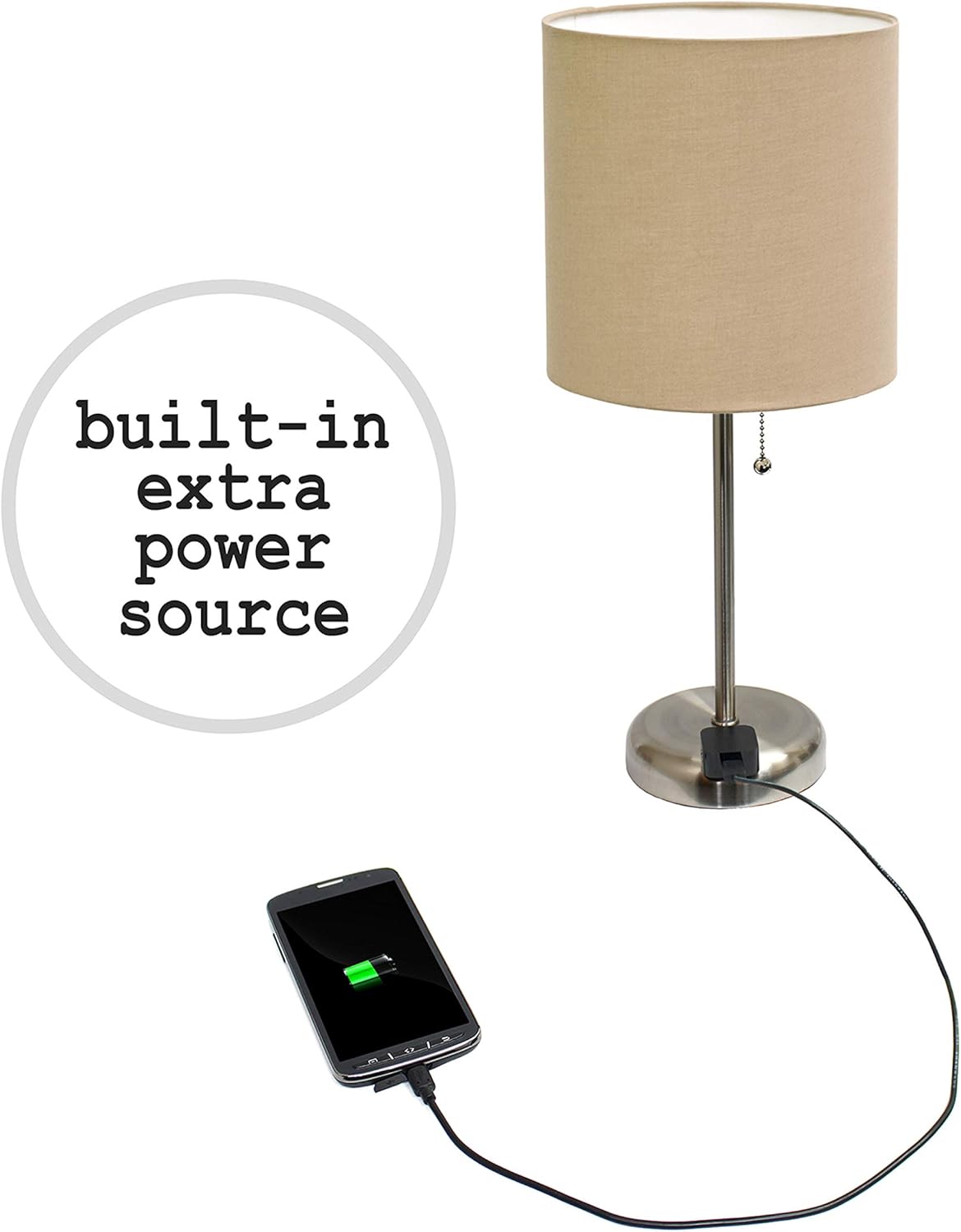 Simple Designs LC2001-TAN-2PK Brushed Steel Stick Table Lamp Set with Charging Outlet and Tan Fabric Shades, 2 Pack Set