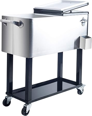 GOJOOASIS Rolling Cooler Ice Chest Portable Outdoor Patio Party Bar Drink Cooler Cart Backyard Cooler Trolley on Wheels with Shelf & Bottle Opener