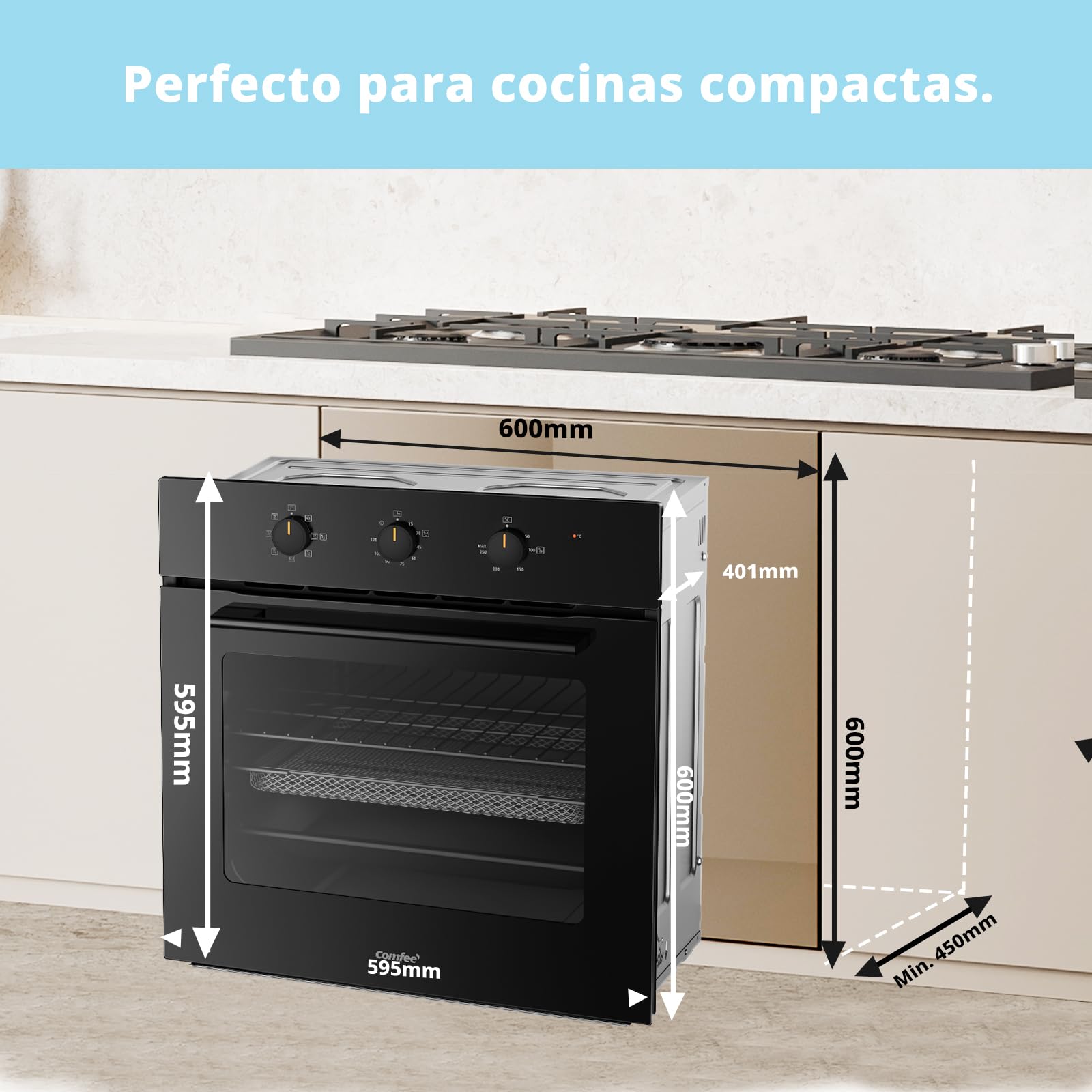 COMFEE' CBO60M80M1-BK Horno empotrable de 60 cm y 60 litros con 8 funciones, freidora de aire, cocción multifase, puerta extraíble, fácil limpieza, limpieza con vapor, color negro