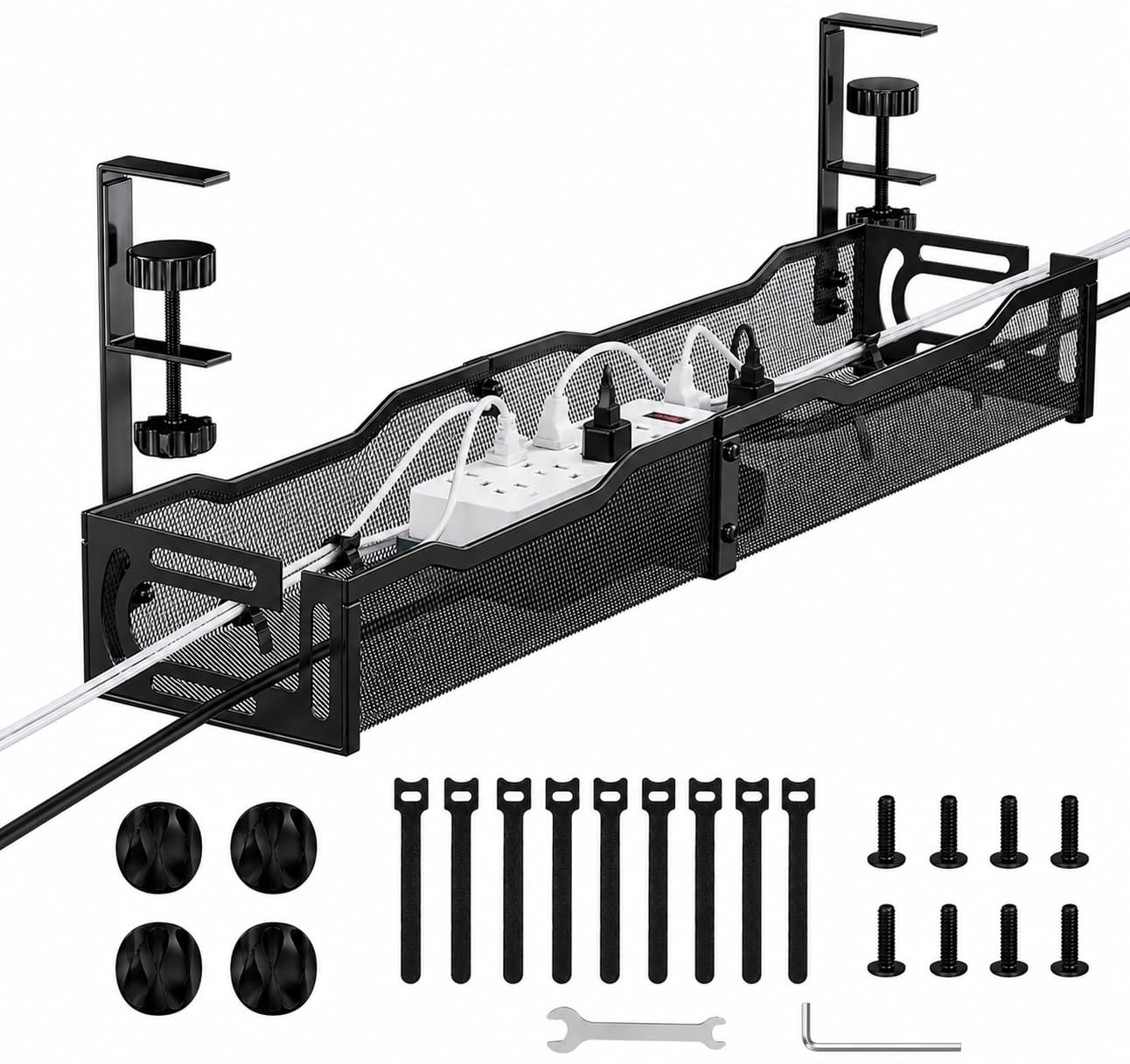 MiDARAH Under Desk Cable Management Tray No Drill, 25''/64CM Large Sturdy Metal Mesh Organiser with Clamp Mount – Hide Wires/Power Cords, Wire Management and Cable Management for Home Office - Black