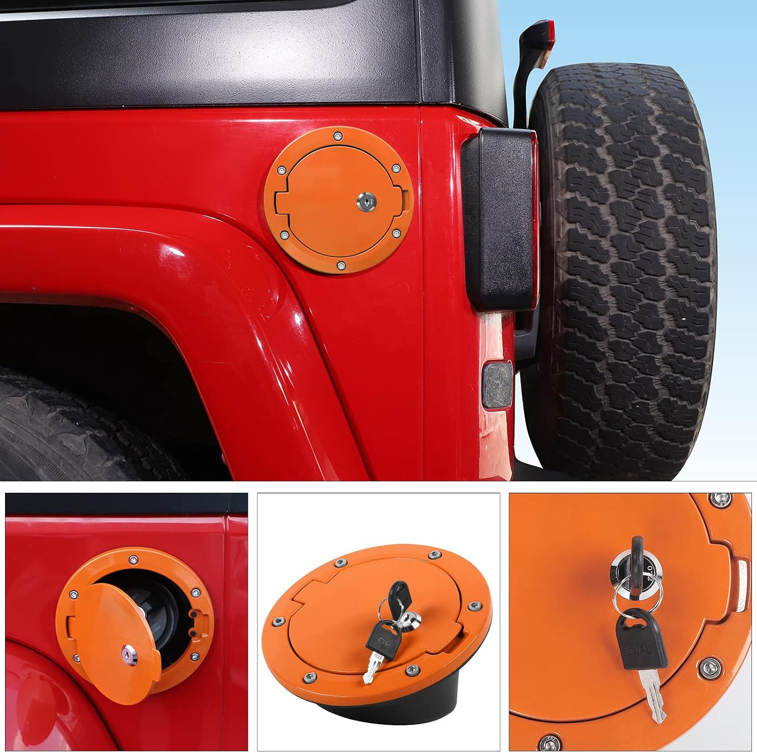 JeCar Fuel Filler Door Locking Gas Cap Cover Exterior Accessories for Jeep Wrangler 2007-2018 JK & Unlimited, Orange