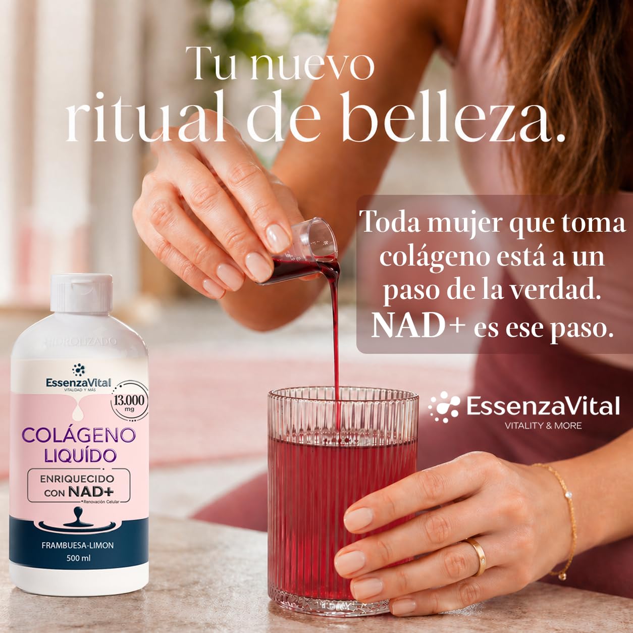 Colágeno Hidrolizado Líquido 13.000mg con NAD+ y Ácido Hialurónico para Mujeres - Bebible 13g por Dosis - Piel, Cabello y Uñas - Sabor Frambuesa-Limón - EssenzaVital Suplemento de Belleza 500ml (1Mes)