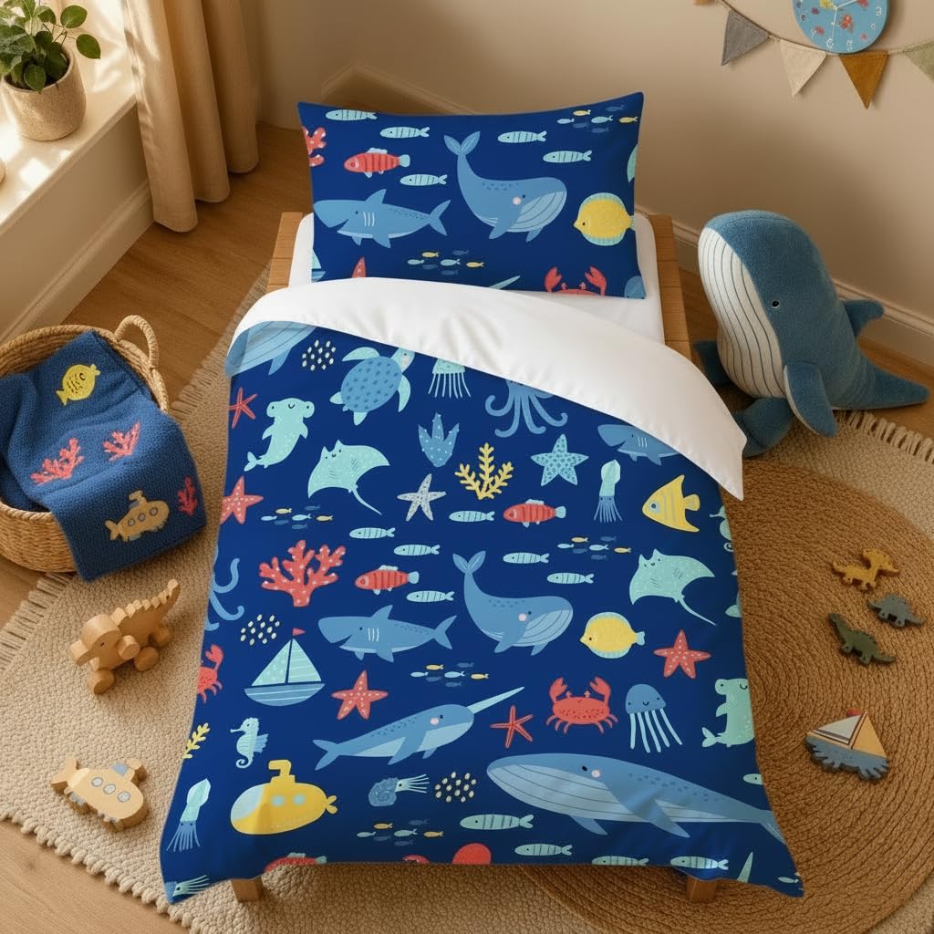 DJDEA Ocean Animals Cot Duvet Cover 120x150cm Microfibre 40x60cm Pillowcase — image 1