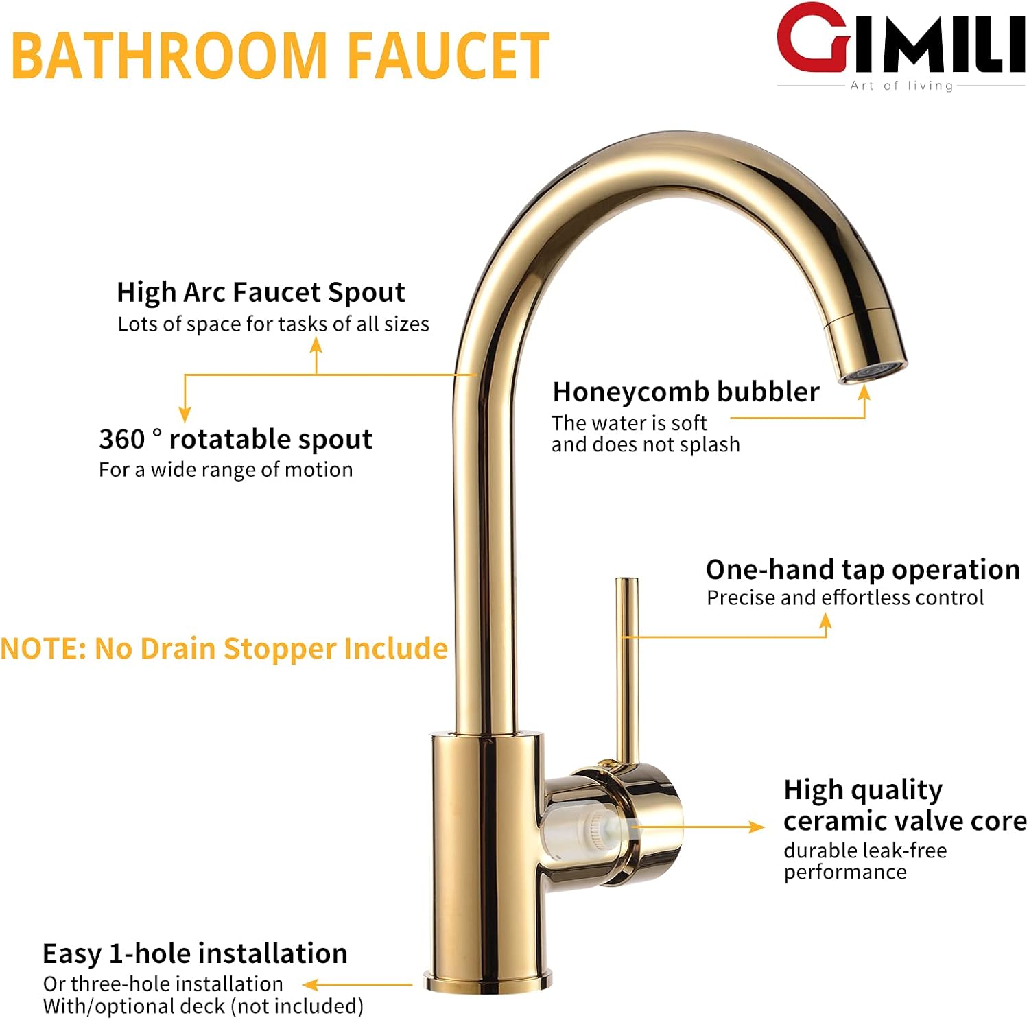 GIMILI Modern Bar Sink Faucet, Single Handle Bar Faucet for Kitchen Sink, Gold Prep Bar Faucet - - 