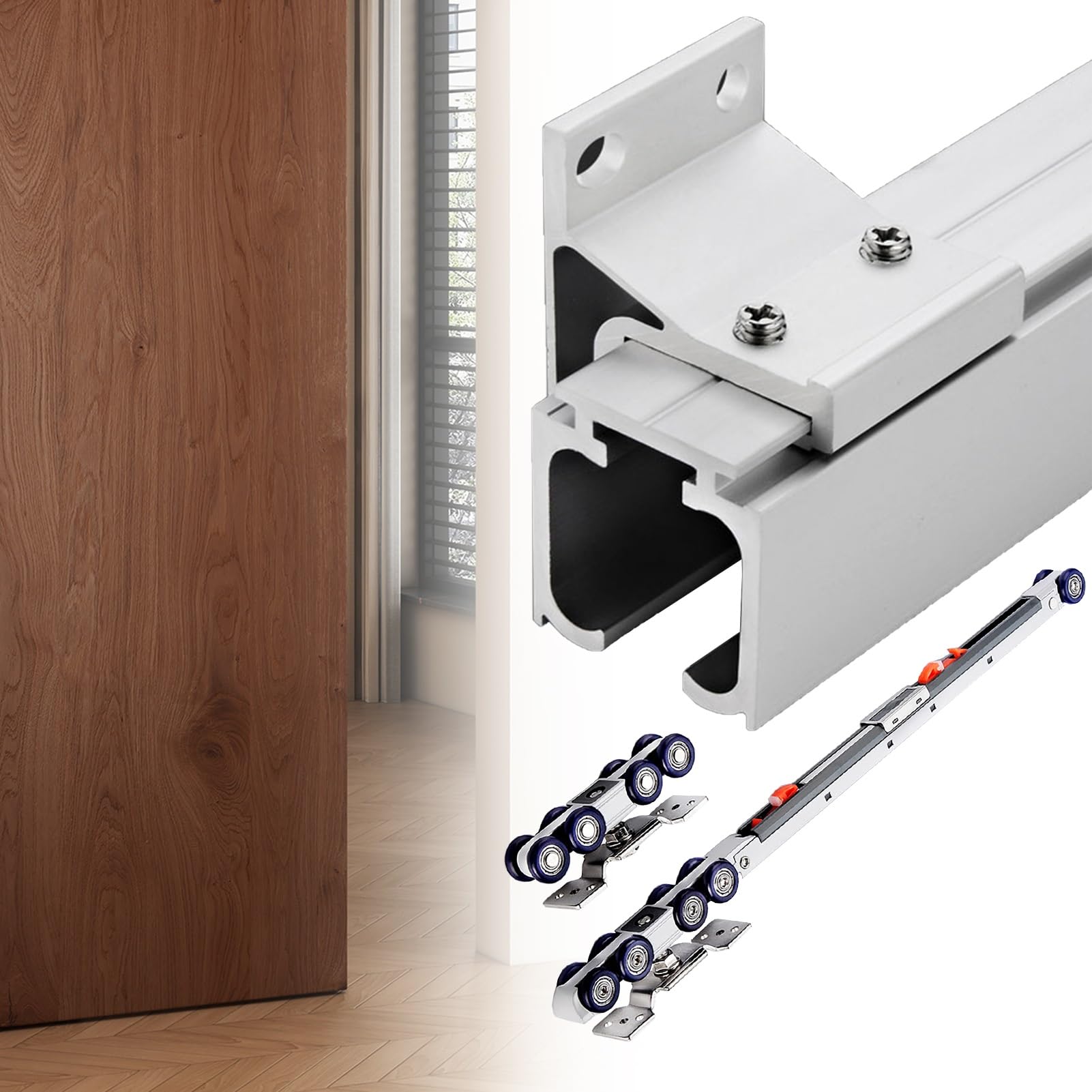 EBZFASO Sliding Door Track, Sliding Door Track Kit, Soft Close, 8 Wheel, Aluminum(Silver-white,60in/152.4cm)