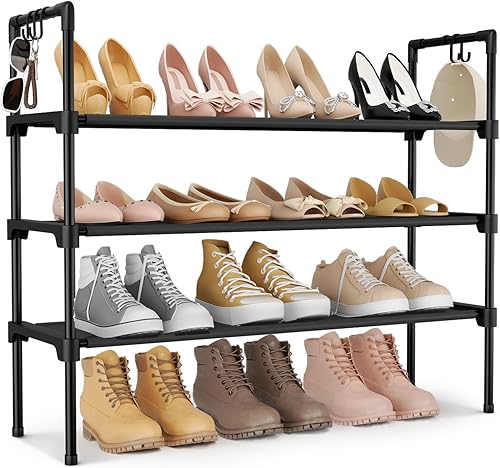 Zapatero de 3 niveles con 5 ganchos para armario, entrada, garaje, espacios pequeños y dormitorio, estante largo apilable para zapatos y organizador