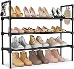 3 Tier Shoe Rack for Closet, Shoe Organizer with 5 Hooks, Long Shoe Shelf Storage for Sneaker and Boot Stackable Free Standing Shoe Rack for Entryway, Garage, Small Spaces, Dorm