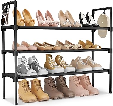 3 Tier Shoe Rack for Closet, Shoe Organizer with 5 Hooks, Long Shoe Shelf Storage for Sneaker and Boot Stackable Free Standing Shoe Rack for Entryway, Garage, Small Spaces, Dorm