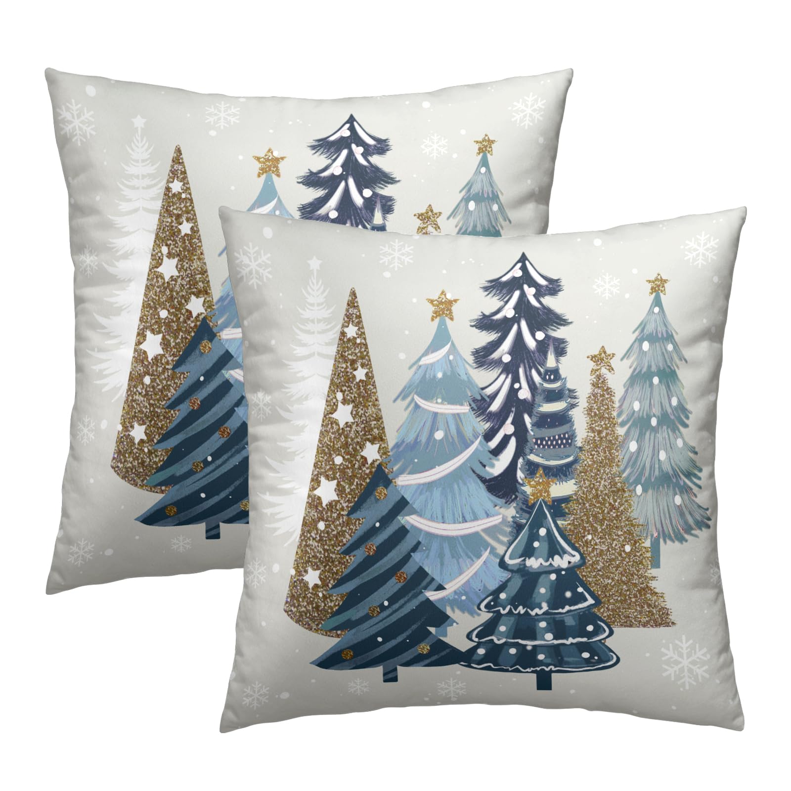 Christmas Trees Throw Pillow Covers 16x16, 2 Pcs Blue Xmas Trees Winter Pine Forest Farmhouse Decorative Pillow Cases Cushion Cover for Bed Sofa Couch