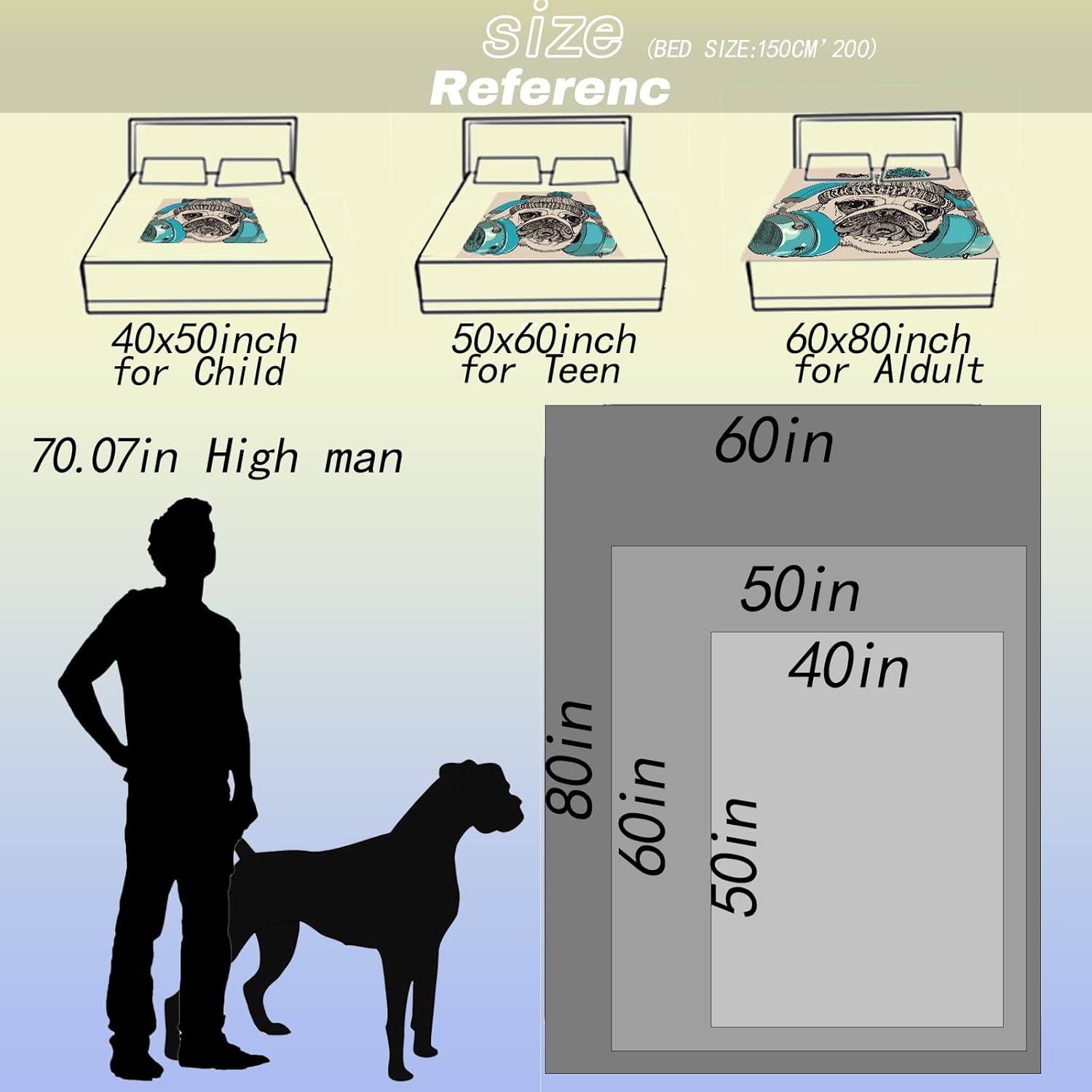 Music Lover Pug Blanket - Ultra Soft, Lightweight, and Cozy Plush Flannel for Couch, Office, Travel - Fuzzy, Fluffy Decorative Throw Perfect for Pug Dog Enthusiasts 50×60 Inch