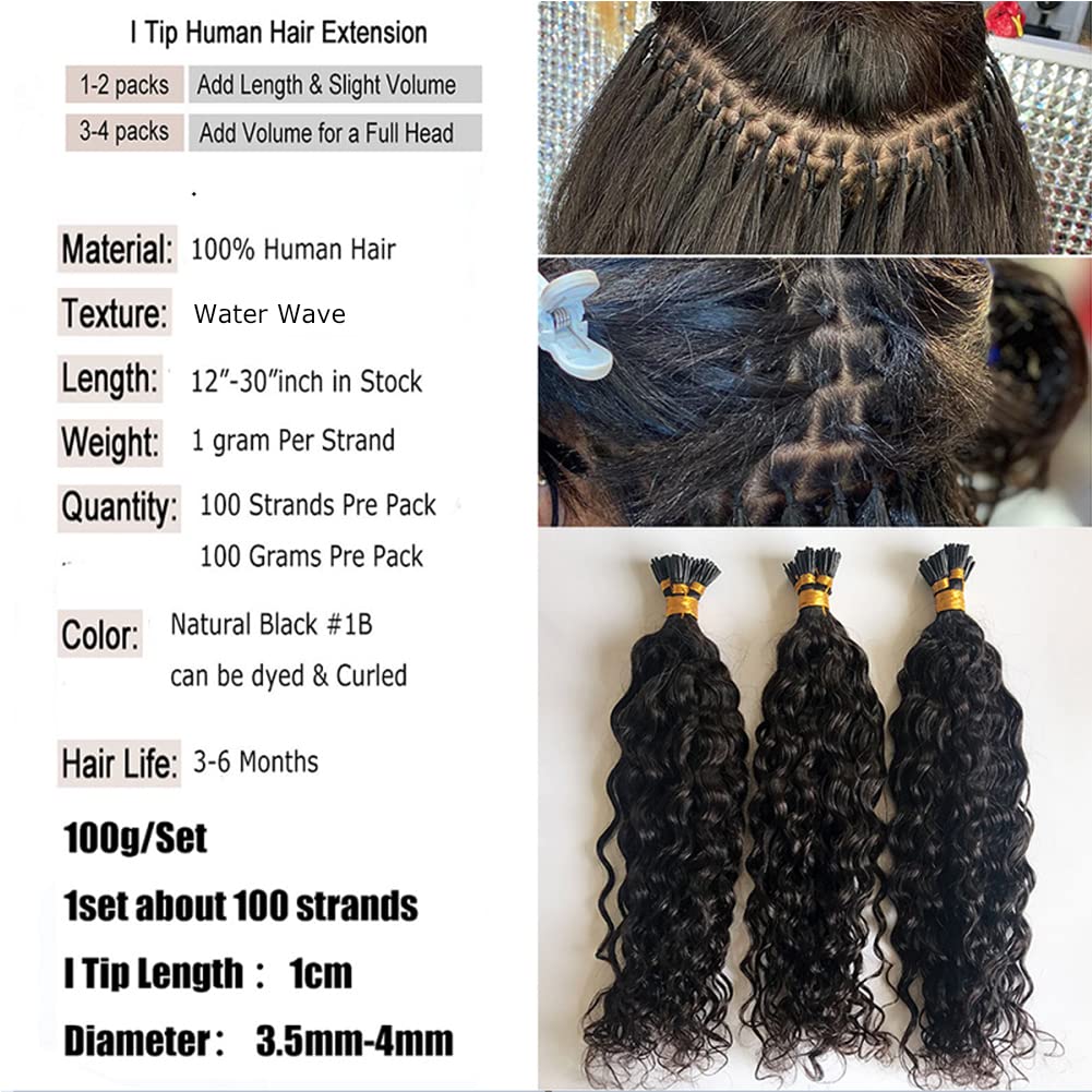 Water Wave Human Hair Extensions Micro Link Stick I Tip Hair Extensions Remy Hair Natural Wavy Curly Keratin I Tip Pre Bonded Weft Virgin Hair 30 inch 100g 100 Strands