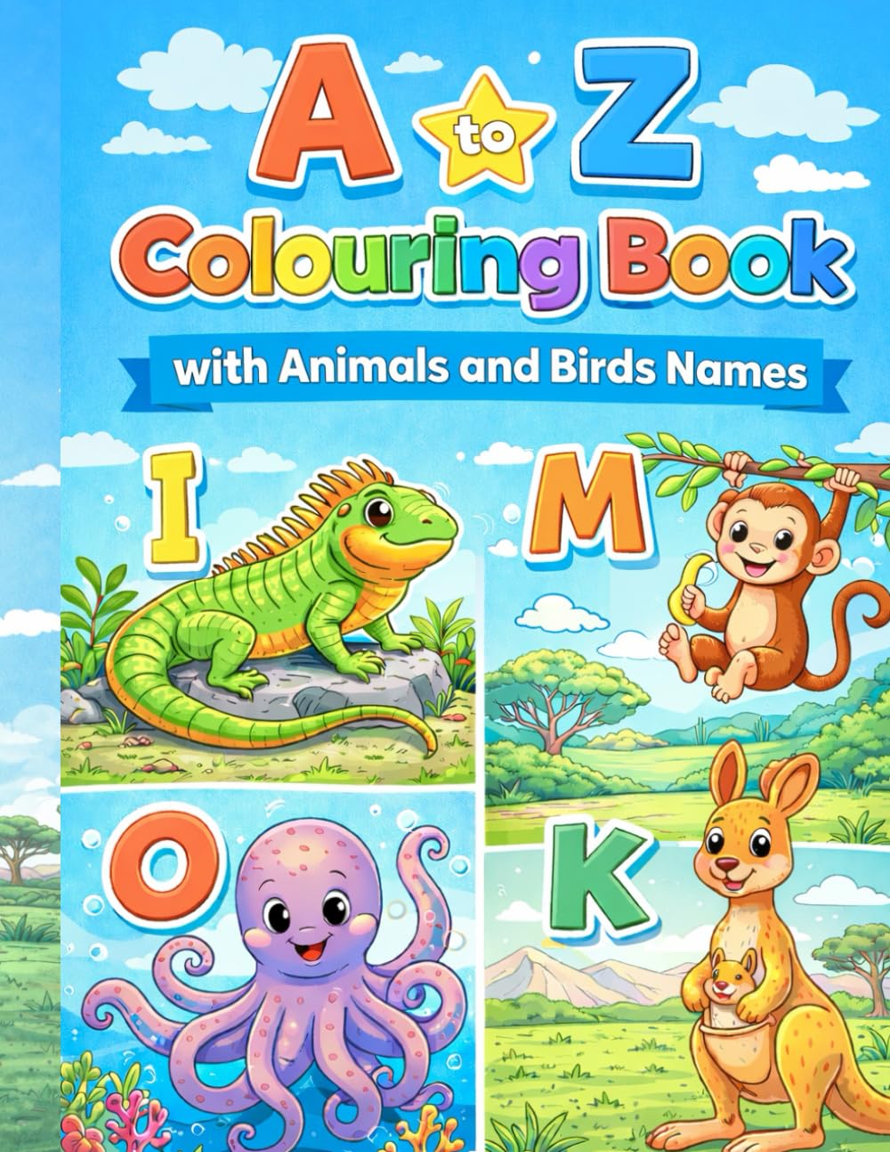 A to Z Animal and Bird Colouring book for Kids: Simple Alphabet Colouring Pages for Preschool and Early Learners