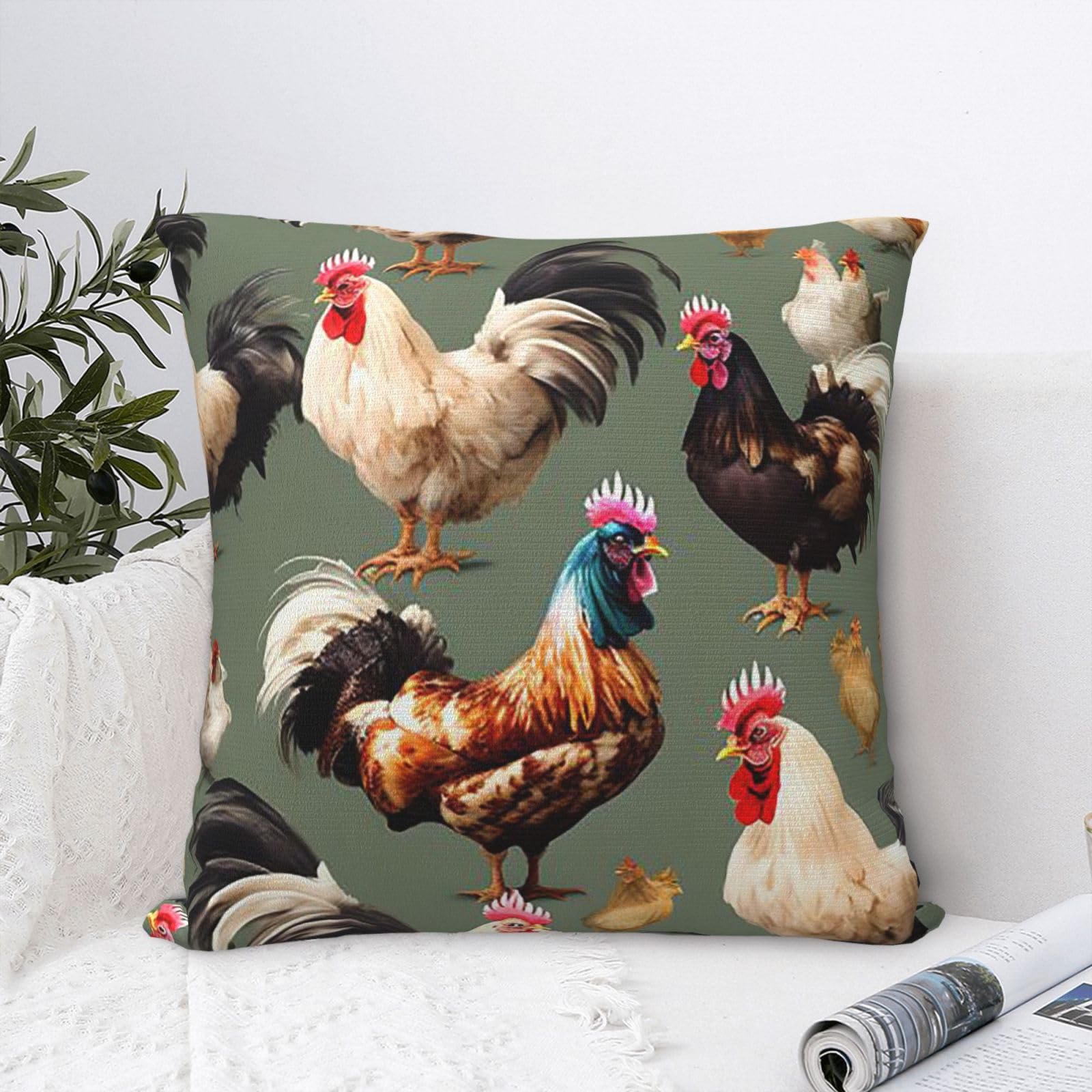 FodPand Luxury Velvet Throw Pillow Covers 20"x20" Super Soft Decorative Pillow Cases - Chicken and Rooster Print Pillowcases Modern Lumbar Cushion Cases for Couch Sofa Bed Pillow Shams