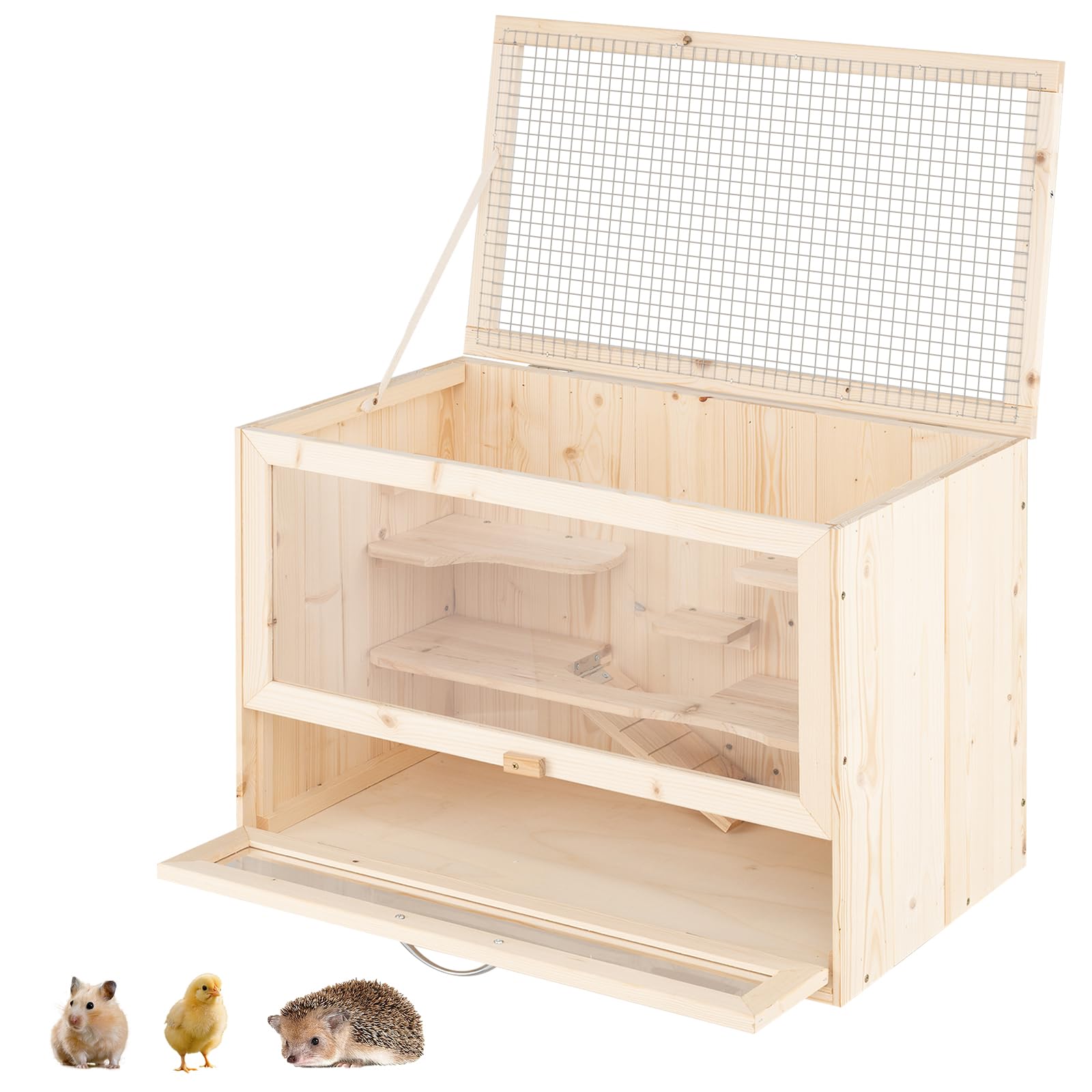 GYMAX Wooden Hamster Cage, Fir Wood Mouse Habitat Cage with Mesh Flip Roof, Multi-Ladder Areas, Acrylic Panel, Lockable Door, Exercise Play House for Small Animals, 60 x 35 x 42cm