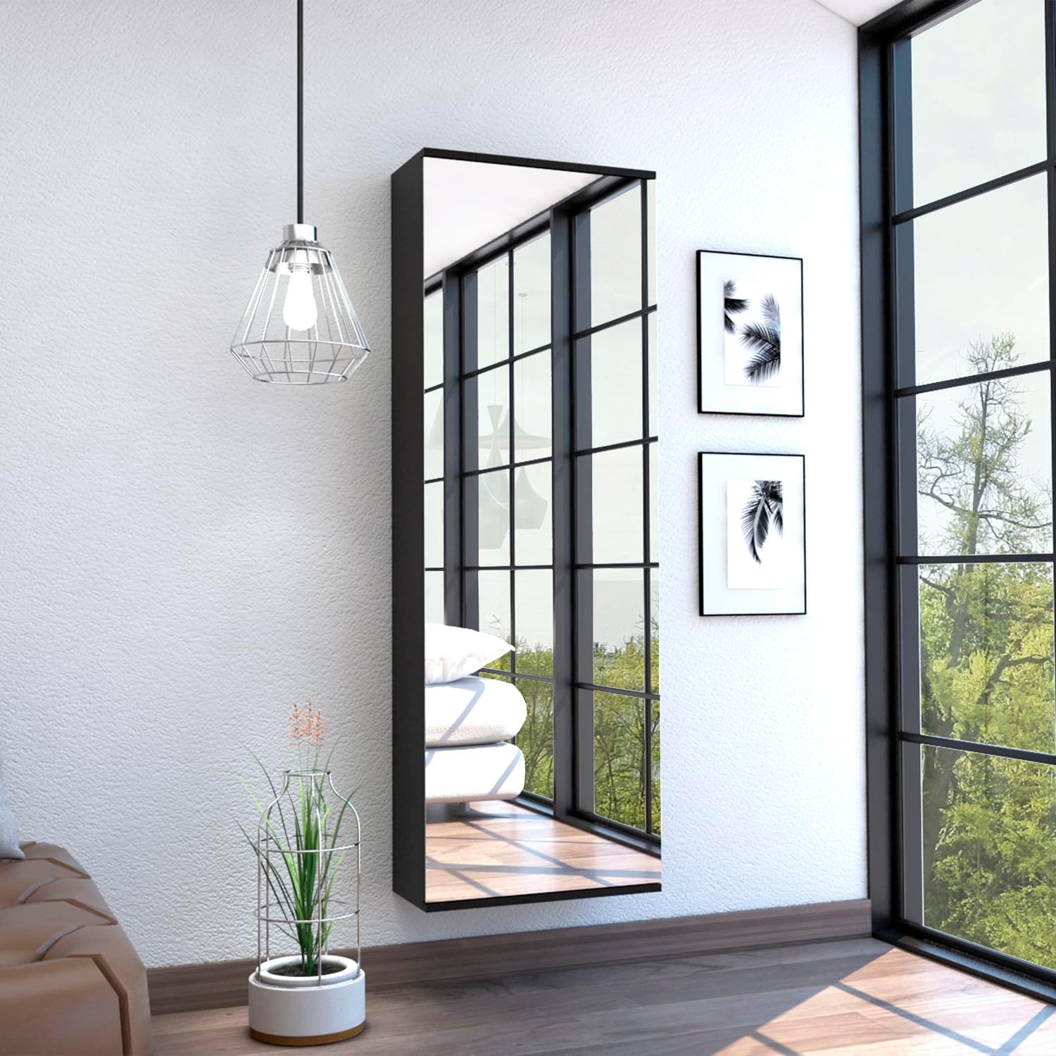 Leto Wall Mounted Shoe Rack with Mirror, Single Door, Capacity for Ten Shoes -Black