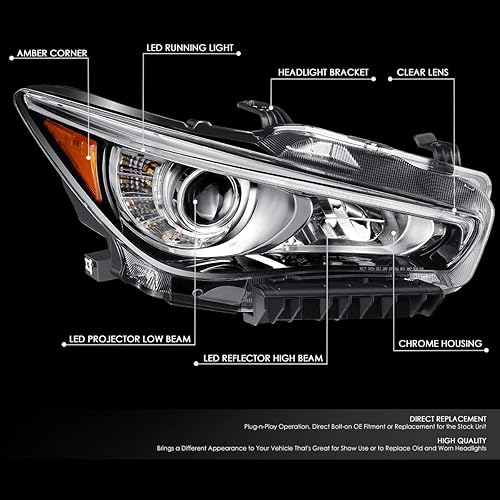 Miniatura 2 de DNA MOTORING OEM-HL-0181-R - Faro delantero LED derecho compatible con Infiniti Q50 14-17, compatible con modelos con faros adaptativos solamente