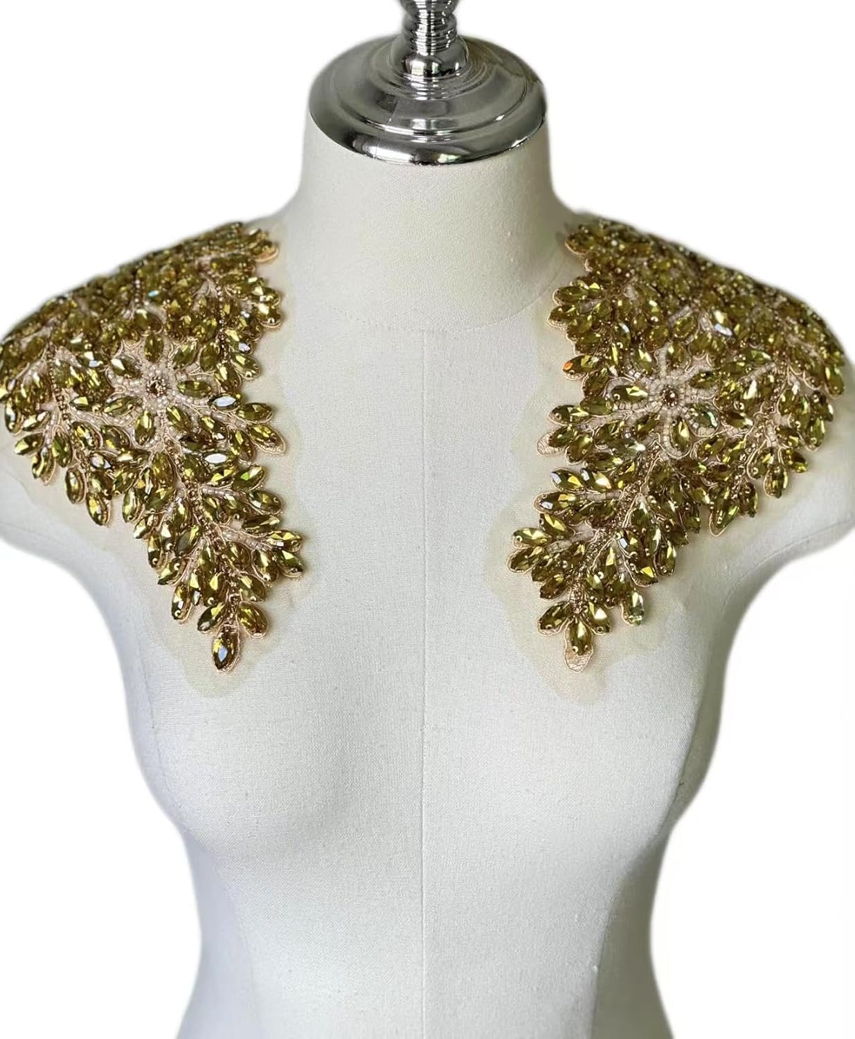 1 Pair Handmade Shining Gold Rhinestones Applique Patches Sewing Beads Sequins Stone Trim Accessories for Wedding Dress Decoration,10.7" *5.9" Leaf Flower Applique (Gold)