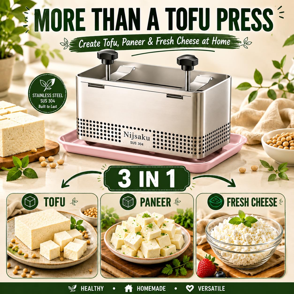 Tofu Presse Edelstahl, Paneer Maker & Käsepresse mit Abtropfschale und Tuch, Verstellbarer Tofu-Maker für extra festen Tofu, hausgemachtes Paneer & veganen Käse, BPA-frei, spülmaschinenfest, XL