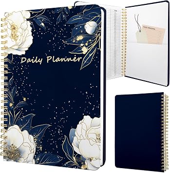 Undated Daily Planner - Spiral Notebook 80 Days One Day Per Page, Hourly Schedule, To-Do List, Notes, Everyday Planning Task, A5 Hardcover Journal Organizer Book Women Cute Aesthetic, Flower
