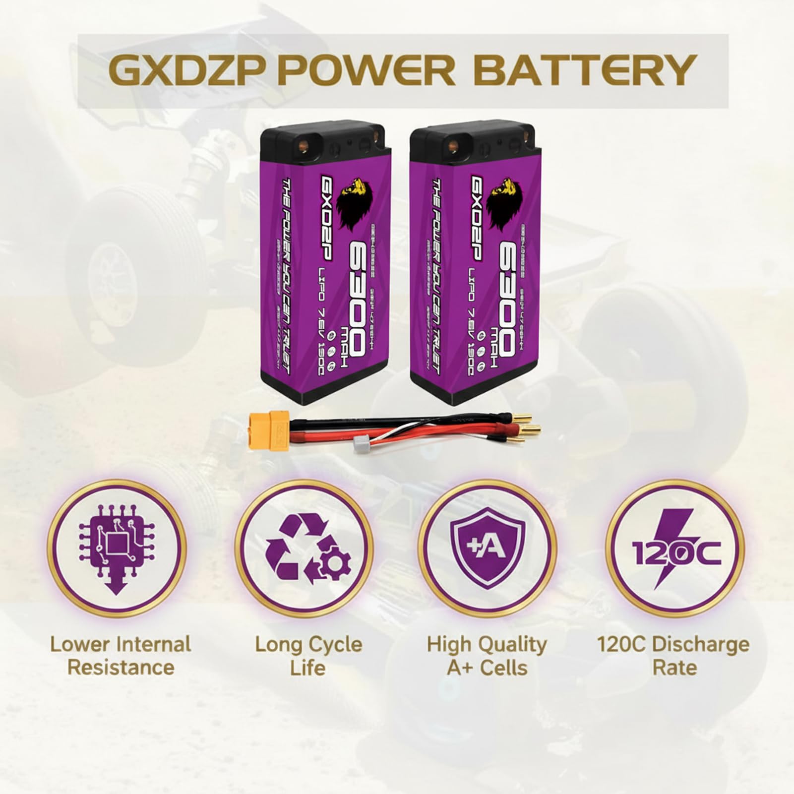 Batteria LiPo 2S da 7,6 V, 6300 mAh, 150 C, custodia rigida XT60, connettore da 5 mm, ad alte prestazioni, per auto, buggy, camion, aereo, barca, confezione da 2 pezzi