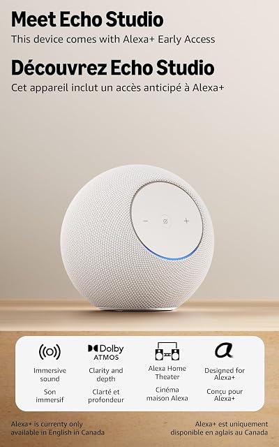 Amazon Echo Studio (newest model), Immersive spatial audio and Dolby Atmos, with Alexa+ Early Access, Glacier White