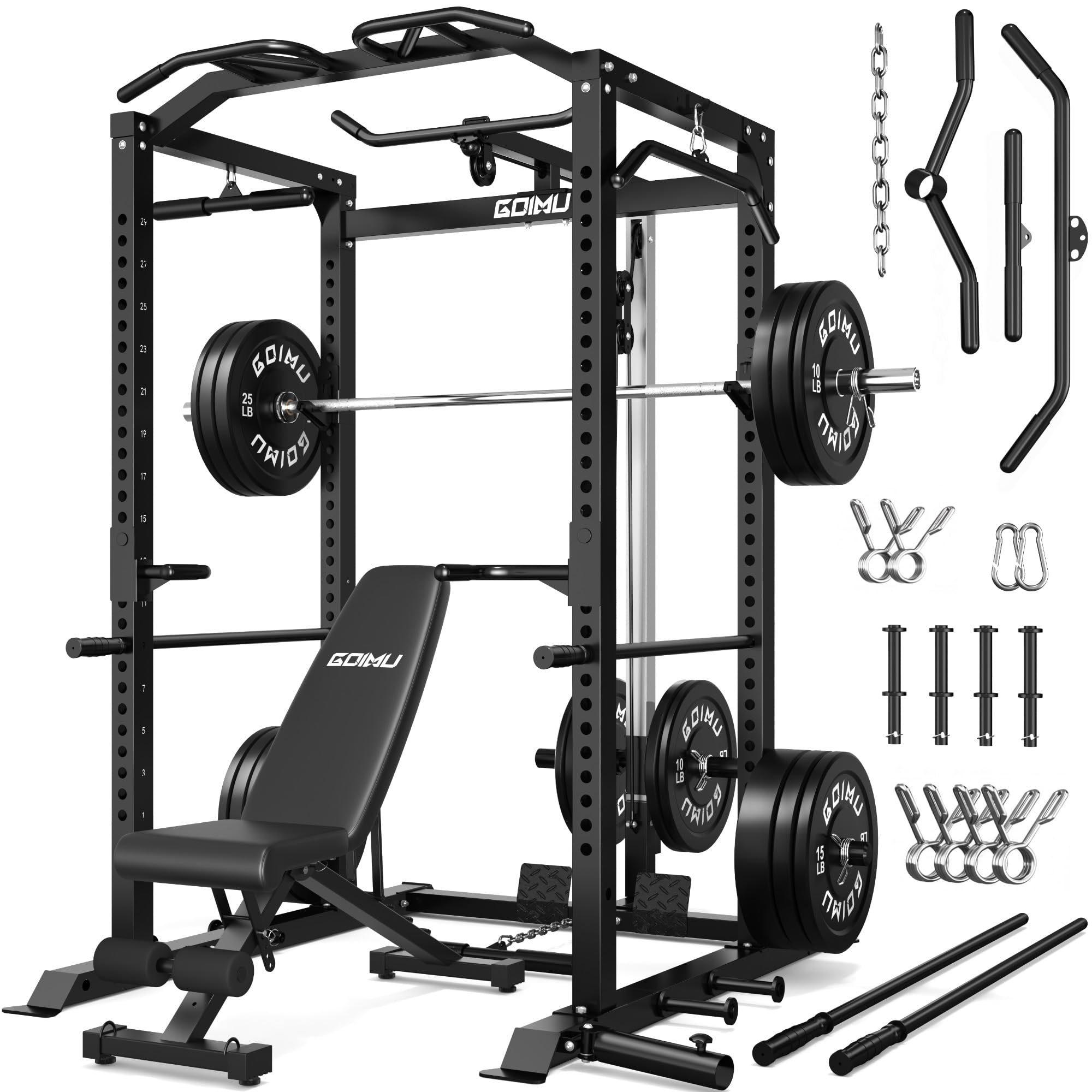 C1-V4 Power Cage, 2000LBS Squat Rack with LAT Pulldown, Multi-Function Weight Cage Strength Training Machine, Workout Cage with More Attachments for Home Gym Garage