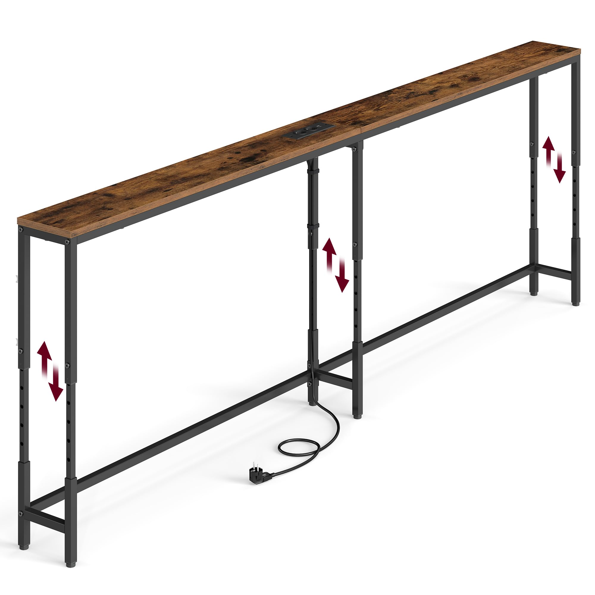 VASAGLE Mesa Consola Estrecha con Enchufes, Altura Ajustable | Mesa Detrás del Sofá, 200 x 15 x (64-89,4) cm, para Salón, Pasillo, Marrón Rústico y Negro Mate, Colección BARNET LNT187K102