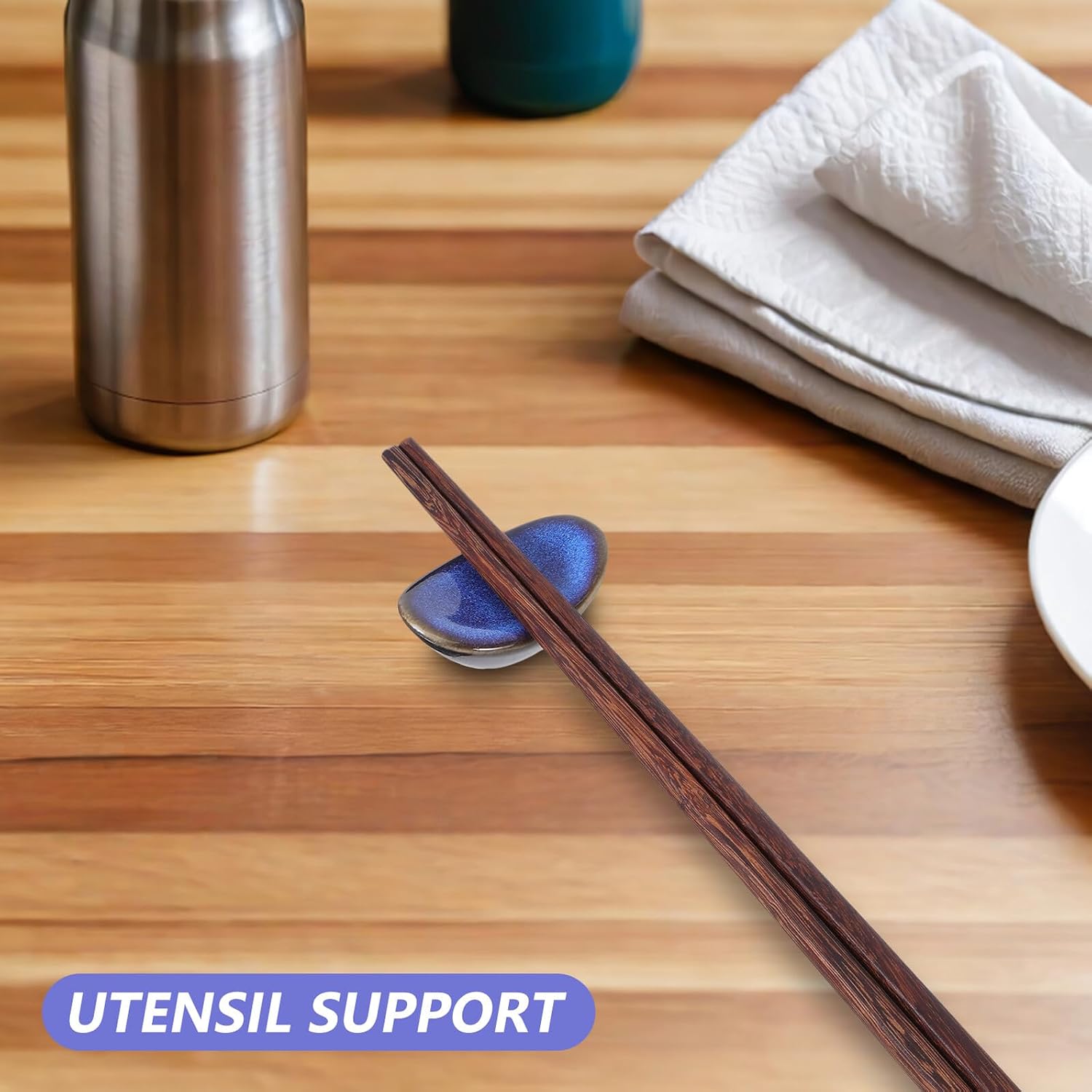 5pcs Vintage Ceramic Chopsticks Holder and Spoon Rest Set, Kiln-glazed Blue Utensil Rack for Dining Table and Kitchen Counter, Chinese Japanese Style Flatware Stand for Home