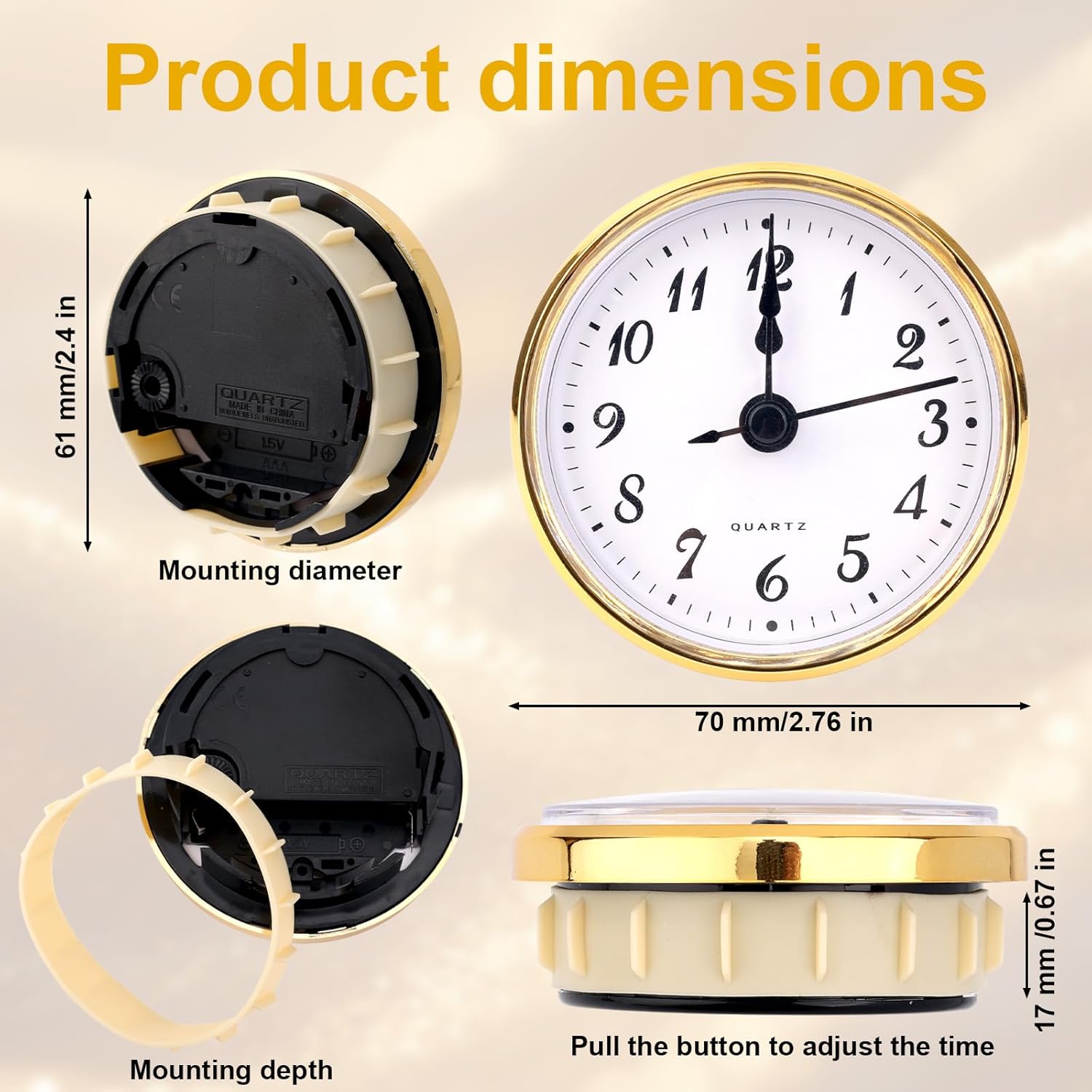 Round Quartz Clock Insert, 2.8 Inch Mini Quartz Movement Miniature Clock Face Arabic Numerals Insert Replacement (Gold Trim)