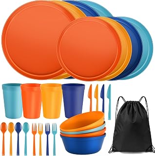 28 Piece Dinnerware Set for 4, Unbreakable Plates and Bowls Sets | Lightweight Camping Plates, Dishwasher Safe Dish Set for Apartment, Dorm, RV Essentials & Outdoor Dinning