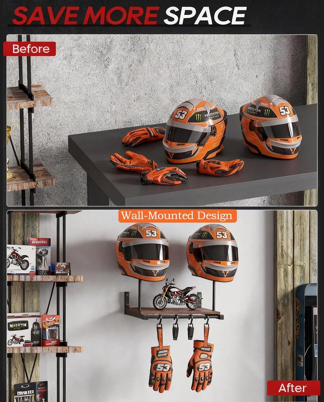 Motorcycle Helmet Holder Wall Mount Gear Rack Organizer | Organize Riding Accessories Rack with 2 Helmet Stand & 4 Gloves Clips for Entryway or Garage Storage , Rider and Biker Gift
