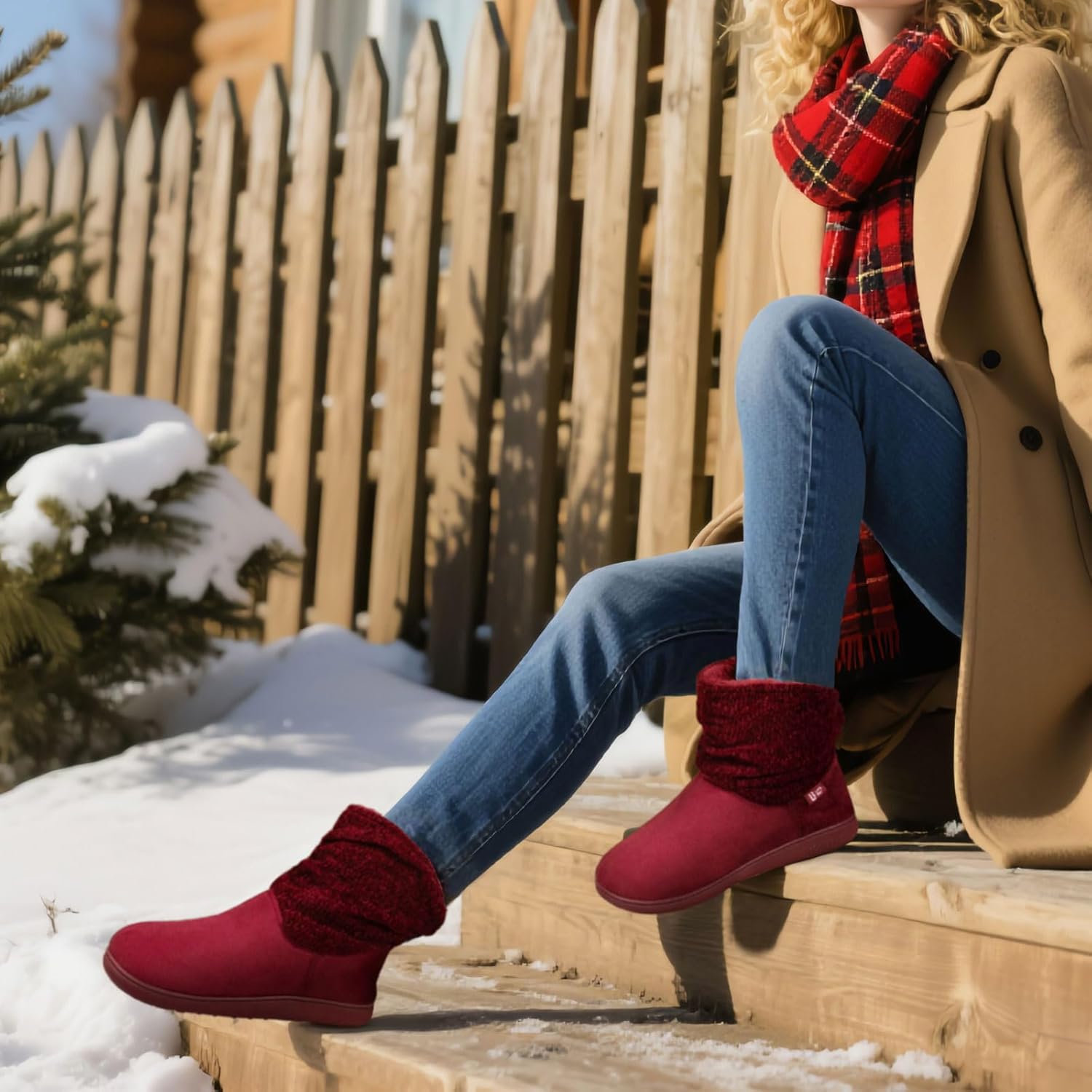 LongBay Women's Warm Chenille Knit Bootie Slippers Memory Foam Comfy Suede Fluffy Faux Fur Boots House Shoes - Image 2