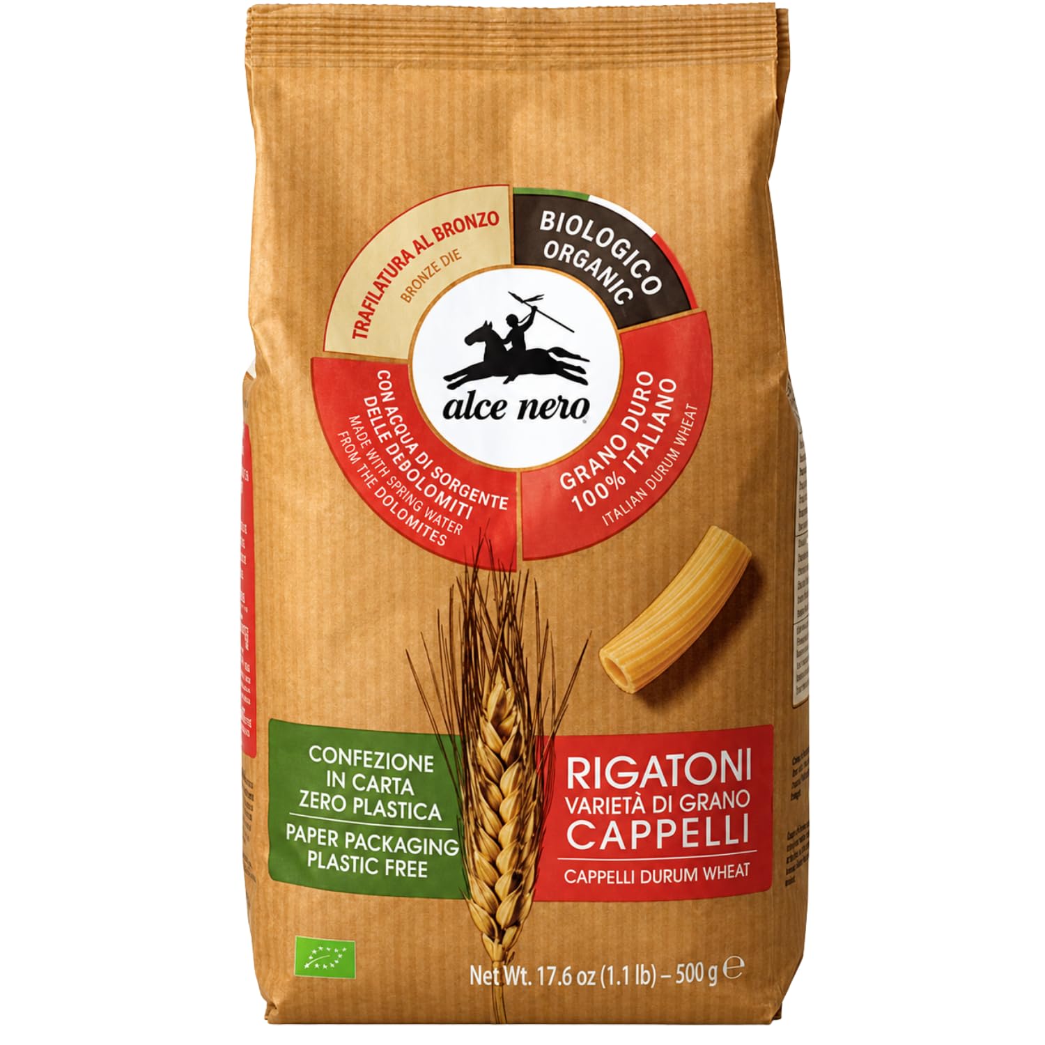 Rigatoni di Semola di Grano Duro Cappelli Biologici, Pasta Italiana da 500 g, Ideale per Sughi e Pasta al Forno, Variazioni 4/8/12 Pezzi (12 PEZZI)