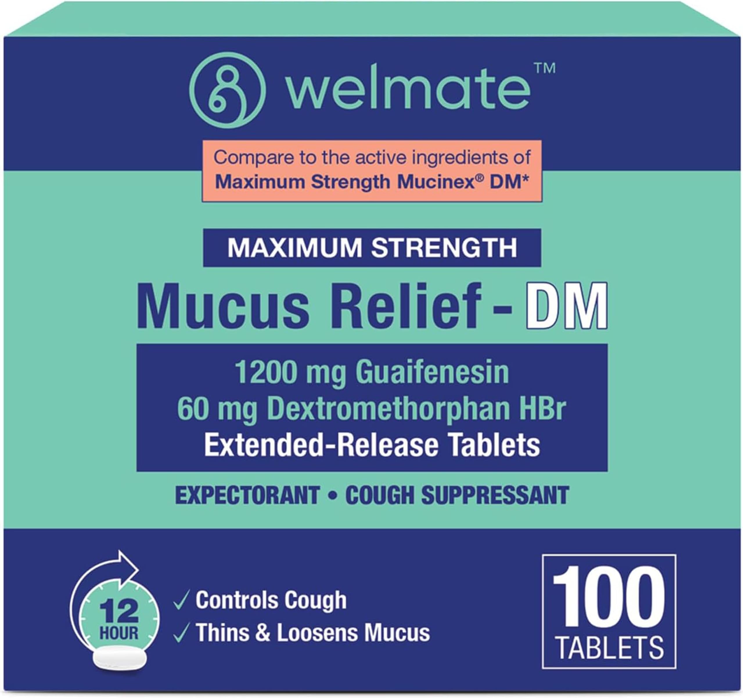 WELMATE Maximum Strength Mucus Relief DM - 1200mg Guaifenesin & 60mg DXM, 12-Hr Cough Suppressant & Expectorant, Bi-Layer Tablets, Chest Congestion Relief, Thins & Loosens Mucus - 100 Ct