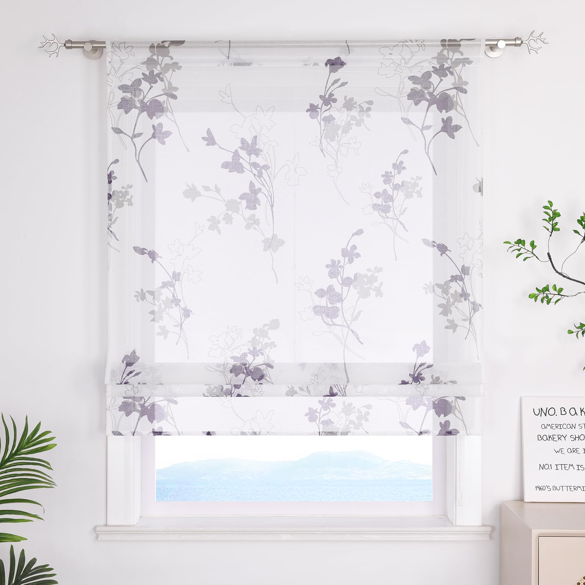 ESLIR Raffrollo mit Tunnelzug Landhausstil Raffgardinen in Leinenoptik Transparent Bändchenrollo für Fenster ohne Bohren Weiß Wohnzimmer Violett BxH 100x140 cm 1 Stück