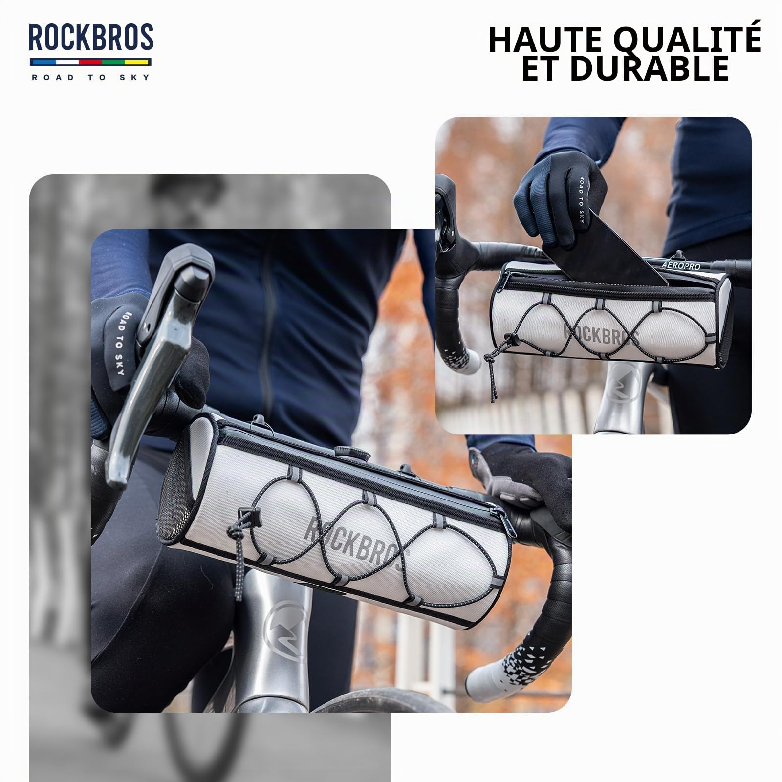 ROCKBROS Road to Sky Sacoche Guidon Vélo 1,5L Sac Cintre VTT Moderne Sacoche Gravel Avant Réfléchissant étanche Cylindrique Vélo Ville Polyester PU EVA Anti-Déformation Blanc Orange Vert Gris Noir