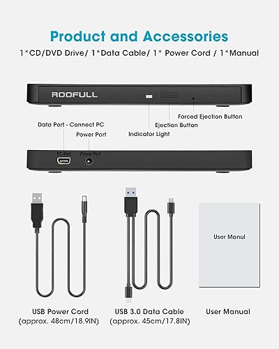 Miniatura 8 de ROOFULL Unidad externa de CD/DVD USB 3.0 y USB-C, ultrafina de 0.5 pulgadas, reproductor de CD y DVD de alta velocidad, grabador para computadora