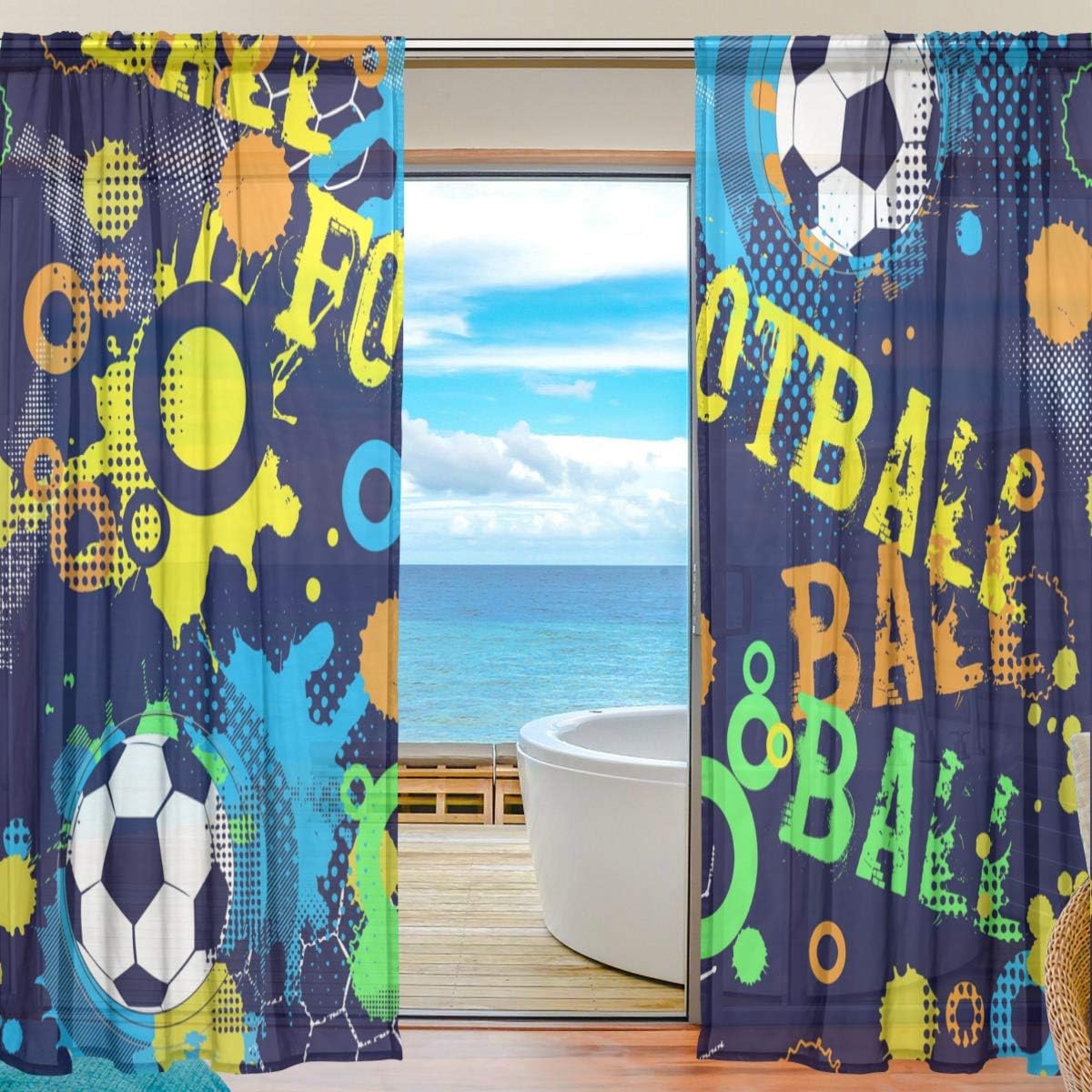 Samau ミラーレースカーテン おしゃれ Uvカット レースカーテン 遮光 遮熱 シェードカーテン サッカーボール柄 目隠し 洗える ドアカーテン 2枚組 出窓 21年最新入荷 英字柄 絵文字 幅140cm 丈213cm